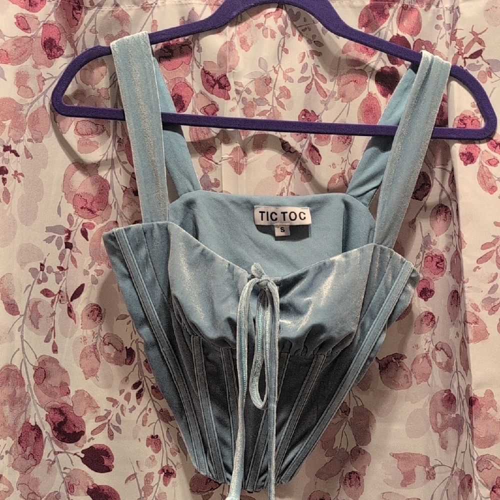 Blue Velor Lace Up Corset with Sweetheart Neckline